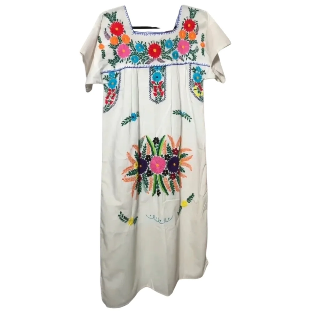 VINTAGE COTTON EMBROIDERED MIDI DRESS FLORAL BOHO SIZE S - Picture 5 of 9
